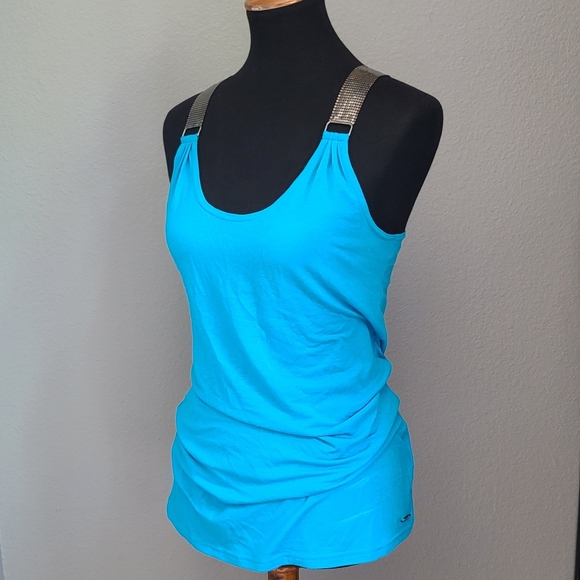 Vintage Candies Two Piece Top and Mini Skirt Set Teal and Black Metal Strap - Picture 8 of 12